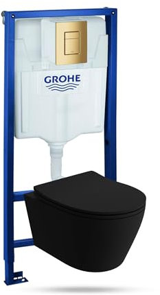 LAVITA | Vorwandelement Solido + Wand Hänge WC Praia Schwarz Spülrandlos + WC-Sitz SoftClose | Goldener Knopf | Komplettset | Unterputz Spülkasten | Toilette Komplett Sett |