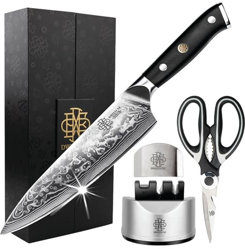 Chef Knife 8 Inch Damascus Kitchen Knife, Japanese VG-10 High Carbon 67-Layers Steel with G10 Handle, Knife Sharpener, Kitchen Scissor & Finger Protector | Luxury Gift Box for You, Family & Restaurant