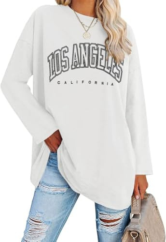 Ebifin Chemise surdimensionnée à manches longues pour femme, t-shirt long, col rond, haut Los Angeles, manches longues, t-shirts, pull, tunique basique, t-shirts., L-Blanc, XXL