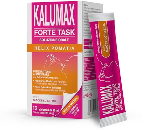 Kalumax FORTE TASK - un integratore alimentarein bustine per Tosse secca e grassa a base di Estratto di Lumaca, N-acetilcisteina ad azione mucolitica emolliente e lenitiva. Aroma Mela.