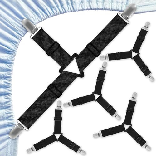 Alethron Bettlakenspanner, 4 Stück Bettlaken Spanner Verstellbar Elastische Bettlaken Spanngurte Spannbettlakenhalter Betttuchspanner mit Clip für Bettwäsche Matratze Bügelbrett Sofa(Schwarz)