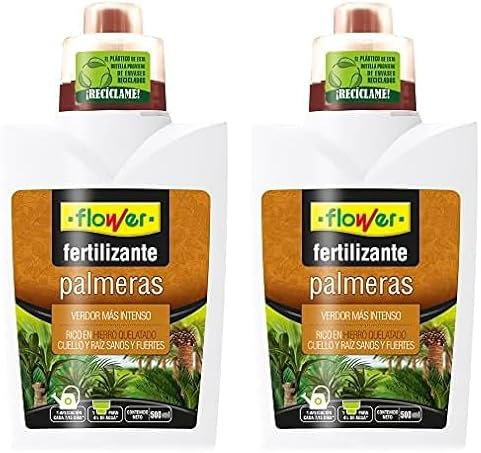 Flower - Fertilizante Líquido Palmeras 500ml | Prevención Podredumbre | Hierro Quelatado | Aplicación 7/15 Días | 10x6.2x19cm, Abono Flower, Coco, Kikuyu, Orquídeas (Paquete de 2)