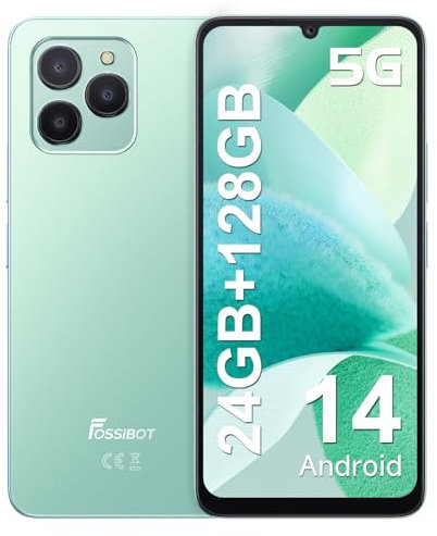 FOSSiBOT Smartphone 5G, Handy ohne Vertrag, 24GB+128GB, 6,745 Zoll HD IPS-Display, 50MP+8MP, Android 14, Dual-SIM Handy 5G, Unterstützung NFC/GPS/OTG/Fingerabdruckerkennung/Gesichtserkennung (Grün)