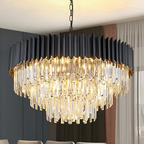 KUNYEEE Modernt lyxigt kristallljushänge, svart kristallkrona, 15xE14 teardrop ljuskrona lampa infälld taklampa för matsal, Φ80 cm