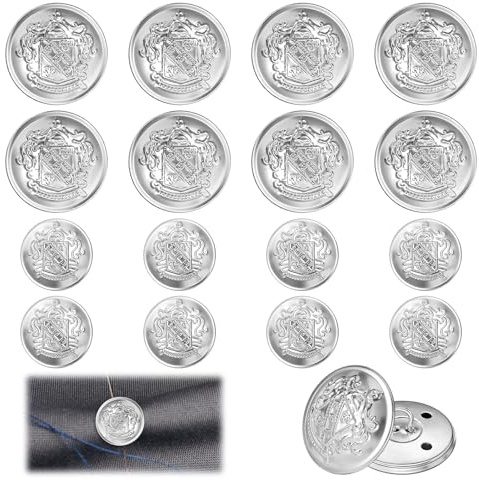 16Pcs Metal Silver Buttons for Blazers, Vintage Antique Silver Round Shaped Button Set for Clothes, Blazer, Suit, Jacket, Uniform (18mm, 25mm)