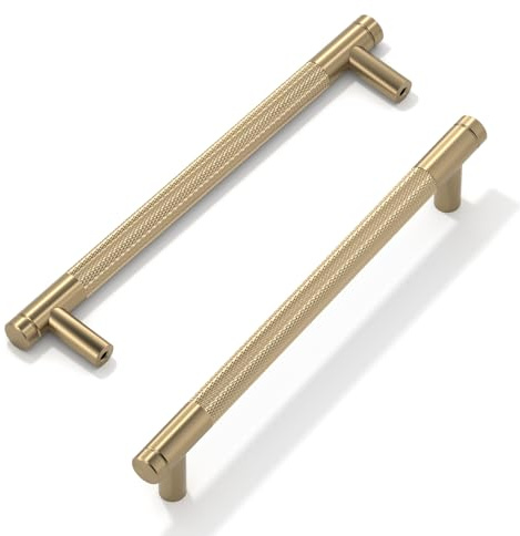 FURNIWARE - Confezione da 10 maniglie per armadi in bronzo champagne goffrate, 160 mm (6,3 pollici) di distanza tra i fori, tiratori per armadio da cucina a forma di T in oro per cassetti, comò