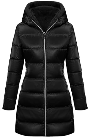 Giolshon Chaquetas reversibles de pelo sintético y brillantes para mujer Abrigo acolchado con capucha resistente al agua Longitud media B06 Negro XXL