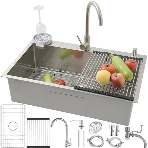 SCYOMSTORE Köksdiskho 80 x 50 cm, köksdiskho med 1 bassäng i rostfritt stål med kran, stor borstad köksdiskho, med bottengaller för diskho, diskställ, tvåldispenser, avlopp