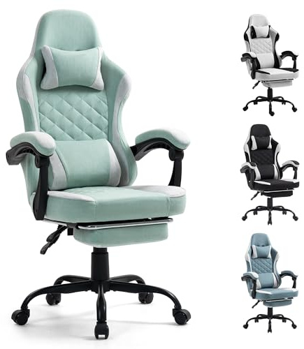 Gaming Chair with Footrest for Adults - Ergonomic Gaming Chairs with Foot Rest - Big and Tall Computer Game Chair - Fabric Reclining Video Game Chairs with Spring Cushion - Green/Light Grey