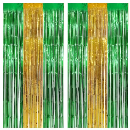 2 Pack Foil Fringe Curtains St. Patrick's Day Metallic Tinsel Curtain 3.3 X 6.6 ft Green Gold St Patricks Party Decoration Shimmer Streamers Party Backdrop Photo Booth for Irish Theme Birthday Easter