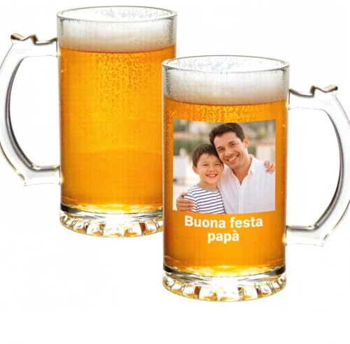 Boccale di Birra Personalizzato con Foto e Nome 500ml, Bicchiere Birra in Vetro con Dedica e Data, Regalo Uomo Originale per Festa del Papà, Compleanno, Natale, Nonno, Marito (Stile01)