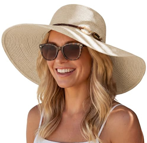 Hat Hut Womens Wide Brim Straw Sun Hat UPF 50+ UV Protection Packable Floppy Beach Sun Hats for Summer (UK, Alpha, M, Beige)