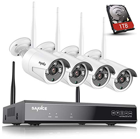 SANNCE Wireless CCTV Camera System, 8CH 5MP NVR, 4X 3.0MP Outdoor Security IP Cameras with P2P, One-Way Audio, Dual WiFi System, Human AI Motion Detection, 1TB Hard Disk, Work with Alexa