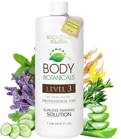 Body Botanicals, Professional Sunless Tanning Spray Tan Solution, Organic Essential Oils, Airbrush Formula, 33.8 Fl Oz. (Level 3 (12% DHA))