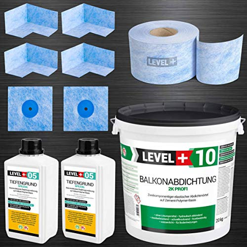 Kit d'étanchéité pour salle de bain - 20 kg - Joint de balcon 2K, 4 coins intérieurs, 2 manchettes murales, ruban d'étanchéité de 20 m, fond de profondeur 2 l avec verre à eau SET28