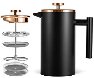 MaxMiuly Cafetera French Press 0,35 litros, pequeña cafetera de doble pared, acero inoxidable, prensa francesa, incluye filtro de repuesto de 350 ml, 2 tazas, color negro