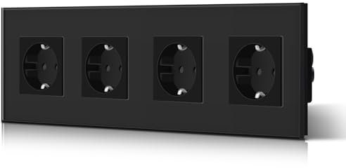 BSEED Schuko Steckdose Kristallglas Platte 4 Fach Steckdose 16Amp AC Power 240V Verlängerungssteckdosen 299mm Wandsteckdose Schwarz