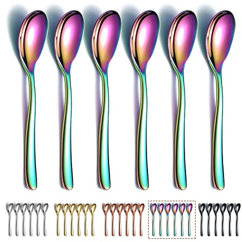 Regnbåge teskedar 6 stycken, kyraton 14 cm rostfritt stål titanplätering regnbåge kaffeskedar espressoskedar, efterrättsskedar, teskedar, små miniskedar set för fester, diskmaskinssäker