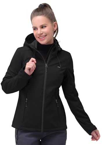 33,000ft Giacca da donna in softshell impermeabile, antivento, traspirante, giacca da mezza stagione, leggera, con cappuccio, giacca da ciclismo, antivento per corsa, ciclismo, escursionismo, Nero
