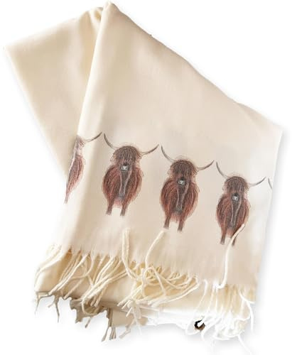Art on Scarves British Handprinted Cashmere Feel Scarf, Ultra-Soft Lightweight Pashmina Shawl for Women, Machine Washable All Seasons Wrap, Original Highland Cows Design
