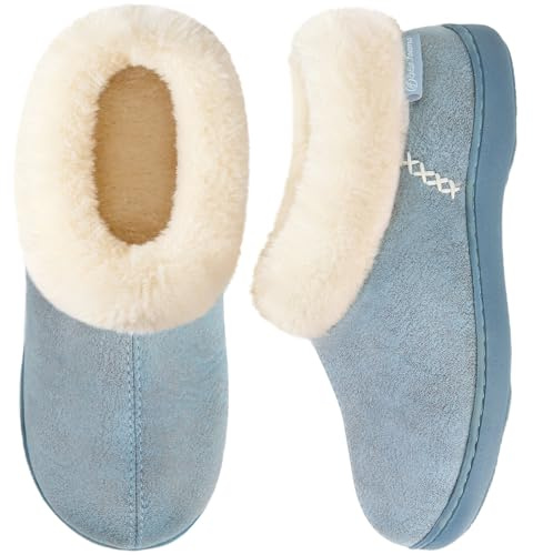 EverFoams Women's Fuzzy Plush Lined Slippers Cozy Memory Foam | thick faux leather upper,rubber outsole,indoor and outdoor,70D high density memory foam and additional EVA foam