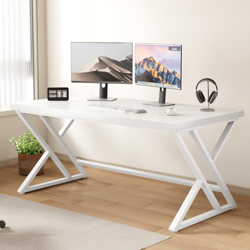 LVB White Computer Desk, Modern Wood Home Office Desk for PC Writing Work, Metal Wooden Executive Workstation Student Simple Desk, Computer Study Gaming Bedroom Table, 55 Inch, White Oak