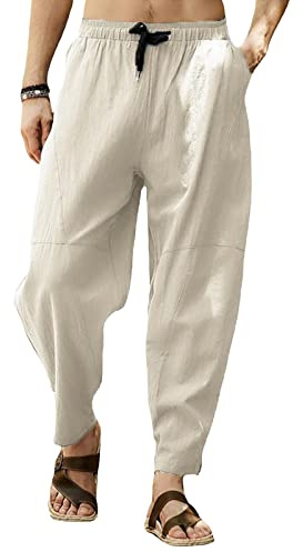 Cooleep Pantaloni Lino Uomo Estivi Casual Pantaloni Elasticizzati Leggeri da Yoga Spiaggia Khaki L