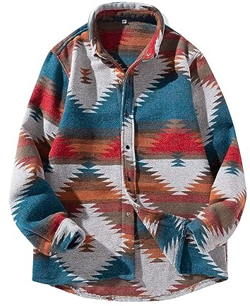 FindThy Camisa de Franela cepillada para Hombre, Estampado étnico Azteca, con Botones, Solapa Tribal, Chaqueta, Azul Blanco, Medium