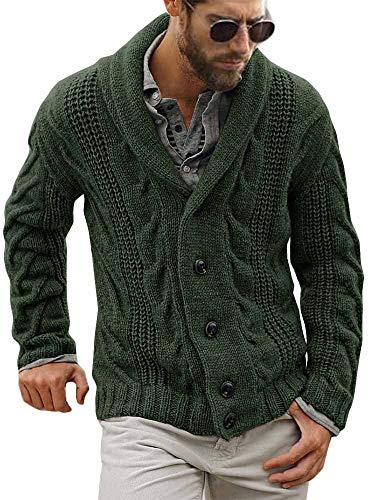 Runcati Cardigan da uomo in maglia grossa giacca a maniche lunghe cardigan lavorato a maglia a trecce casual con collo a scialle abbottonato maglieria soprabito capospalla invernale, Verde, XXL