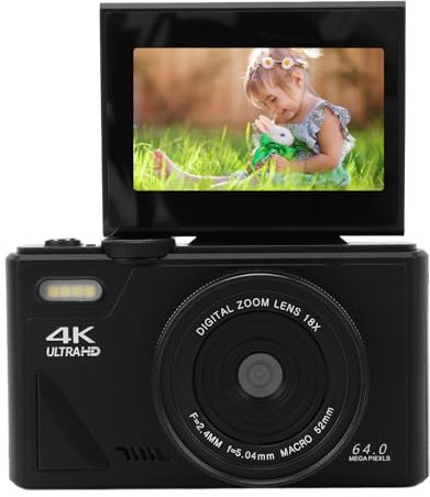 4K Digitalkamera für Fotografie, 18 facher Zoom, Autofokus, Retro Videokamera Camcorder mit 3 Zoll Klappbildschirm, 64 MP Reise Kompaktkamera für Selfie Vlogging (Black)
