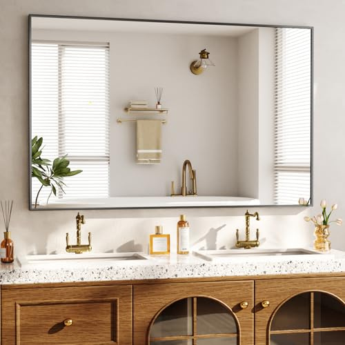 BEAUTYPEAK Specchio da parete rettangolare 120 x 75 cm, telaio in alluminio dorato, infrangibile per bagno, camera da letto, soggiorno