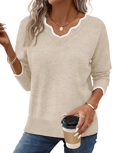 OFEEFAN Sweaters for Women Fall Outfits for Women 2026 V Neck Fall Sweaters Winter Clothing Apricot M