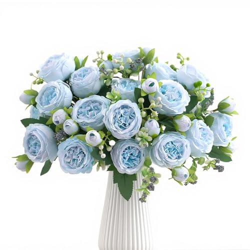 AUMAYCO 4 Bunches Pfingstrose künstliche Blumen, Künstliche Rosen Bouquet, Lebensechte Seide Pfingstrose Sträuße für Home Décor, Faux Seide Rosen Blumenarrangement für Party Zentrum Stück, Blau