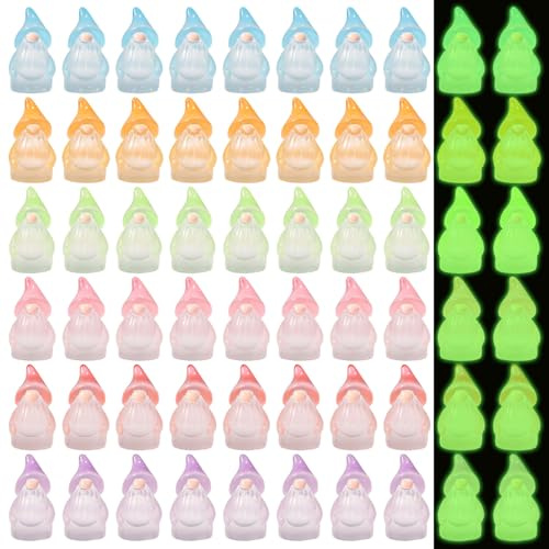 Sinbana 60pcs Luminous Mini Resin Gnomes, 6 Colors Glow in The Dark Miniature Gnomes Figurines Mini Resin Figures Tiny Decoration for Outdoor Patio Plant Pot Decor Small Fairy Garden Accessories