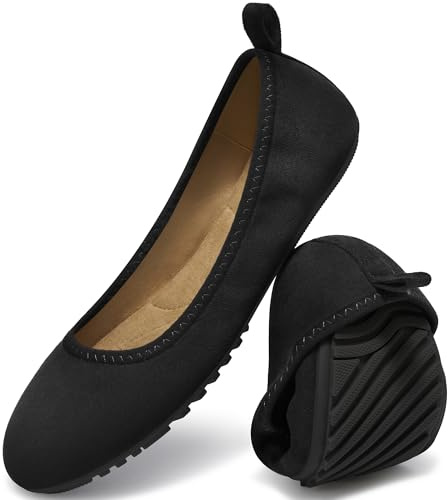 Zorfe Flats for Women Dress Shoes: Round Toe Suede Foldable Comfortable Casual Slip On Ballet Loafers for Driving Work Black