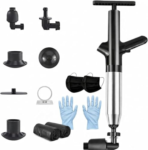 LAGx 4 en 1 Déboucheur WC Air Comprimé Professionnel – Kit Complet avec 3 Têtes + Manomètre, Ventouse Haute Pression pour Toilettes, Évier, Baignoire, Inclus Gants, Masques et Sacs – Prêt à l’Emploi