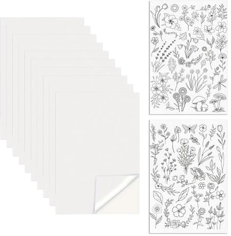 Mtbricey Fieltro bordado soluble en agua, autoadhesivo, A4, 10 unidades y plantillas de bordado con flores, 2 unidades, papel de bordado imprimible para plantillas de bordado, proyectos de bricolaje y