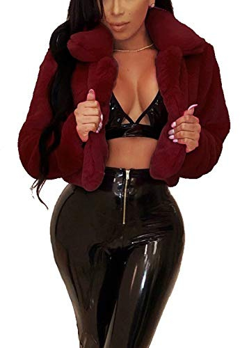 Women's Faux Fur Coats Winter Solid Lapel Short Fleece Cropped Jackets Parkas Wool Coat Wine Red M