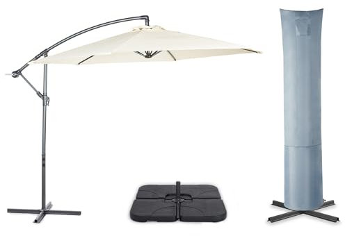 VonHaus Parasol with Base & Waterproof Cover, 3M Cantilever Banana Umbrella for Outdoor, Garden, Patio, Sunshade Canopy with Hand Crank, Tilt & Rotate Function, UV30+ Protection, Air Vent, Steel Frame