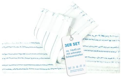 ZOLLNER24 3er Set Wischbezüge in weiß-blau - ca. 14x45 cm - für alle gängigen 40 cm Klapphalter geeignet - Mischgewebe - waschbar bis 60°C