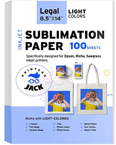 Printers Jack Sublimation Paper 8.5x14 inches, 100 Sheets 120gsm for Any Epson Sawgrass Inkjet Printer with Sublimation Ink, Heat Transfer Sublimation Paper for T-shirt, Mugs, Light Fabric