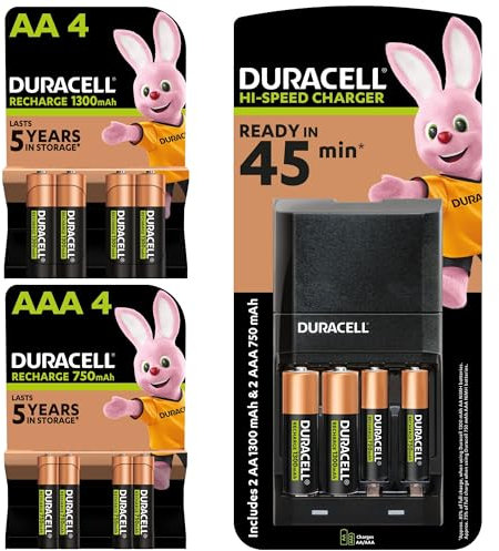 Duracell Hi-Speed 45min Battery Charger with Rechargeable AA and AAA Batteries (Pack of 6 + 6), 1300mAh NiMH, 750mAh NiMH, pre-charged, Longest Lasting Power
