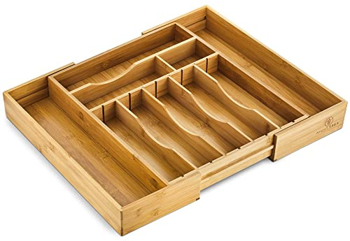 Night Tree 2.5” Extra Deep Silverware Drawer Organizer with Adjustable Dividers – Expandable Bamboo Flatware Tray for Kitchen, Reinforced Wood Cutlery Holder (14-21.6 Wide)