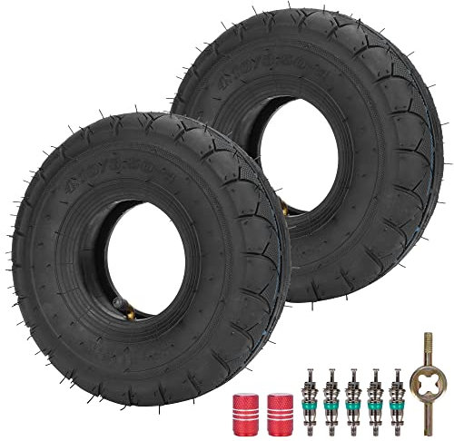 RUTU (2er-Pack) 4.10/3.50-4 Ersatzreifen + Schlauch mit gebogenem, abgewinkeltem TR87-Ventilschaft für Handkarren, Dollies, Schubkarren, Rasenmäher, Anhänger, Rasen, Garten, Nutzreifen und Schlauch