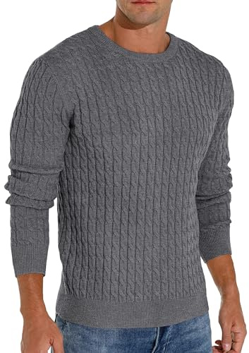 Hisir Pull Câble Tricot Homme Hiver Noel Décontracté Col Rond Chaud Manches Longues Camionneur Pulls Top pour Hommes (01 Gris Foncé., L)