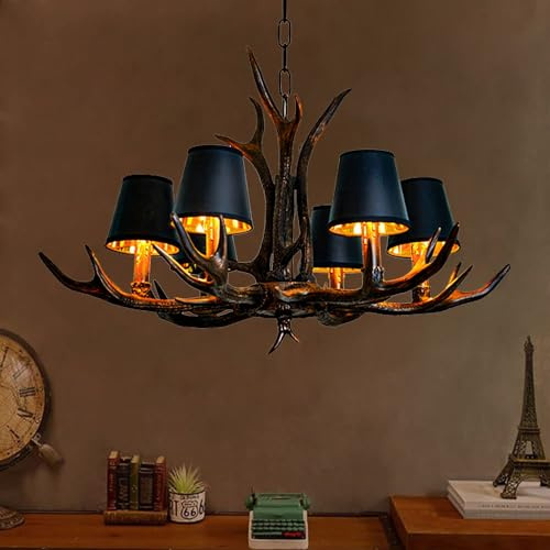 JOJOM Traditionell ljuskrona i lantlig stil 6 lampor E14 hängande hornlampa ljuskrona i industriell stil harts svart järn lampskärm taklampa höjdjusterbar taklampa matsal café