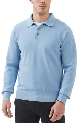 Kallspin Camisa Polo de 100% Algodón para Hombre Punto Tirar Manga Larga Jerséy Casual con Botones(Azul,M)