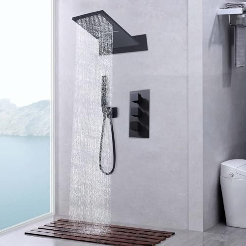 Système de douche encastré, mitigeur de douche, système de douche thermostatique, effet pluie, avec pommeau de douche, douchette à main, pour baignoire, noir