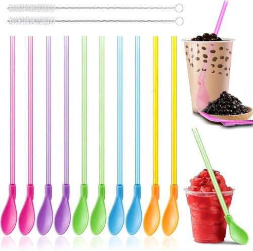 XINGXINLIAN 10 Pezzi Cannucce riutilizzabili, 2 in1 Cucchiaio di Paglia, Cannucce Bubble Tea, Cannucce Colorate per Cocktail Latte Freddo Frullati Caffè Freddo