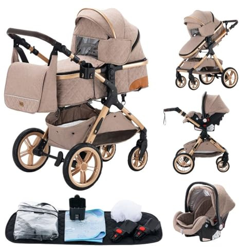 GLOKID Carrito bebé 3 en 1, Carro, Carrito bebé 3 Piezas, Silla Paseo, Sistema de viaje, Plegable (XIN X1 Caqui)